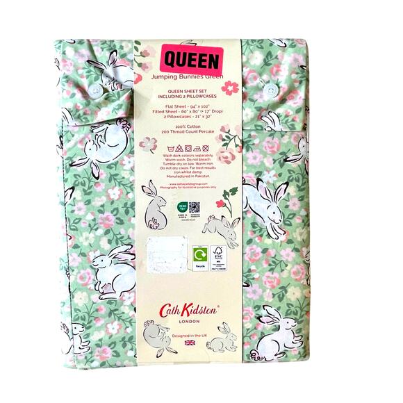 Cath Kidston london JUMPING BUNNIES GREEN Floral 4pc QUEEN Sheet Set NEW - Picture 3 of 10